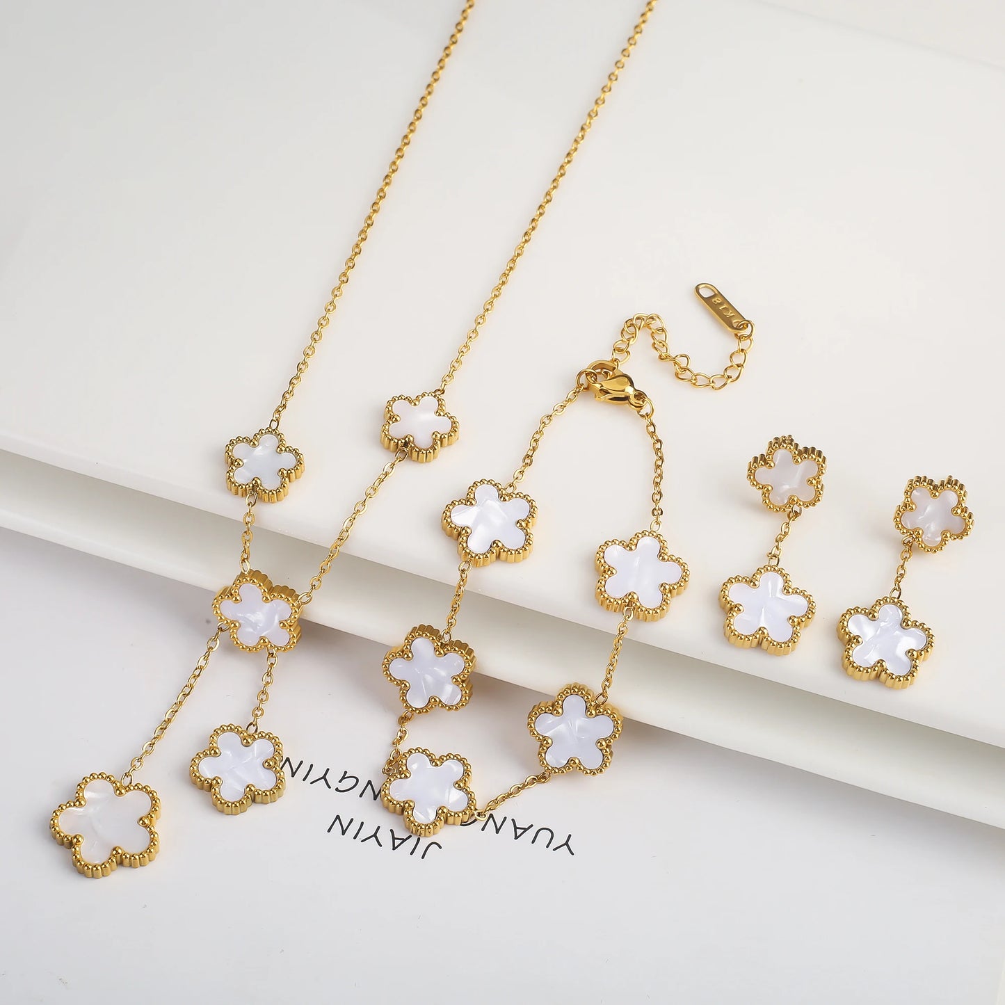 Clover Five Leaf Flower Stainless Steel Bracelet Necklace Earrings Jewelry Set Luxury for Women High Quality Party Jewelry Gift