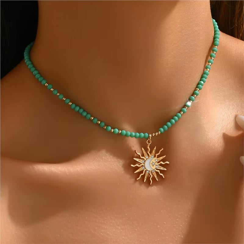 Vintage Golden-Toned Sun Pendant Necklace for Women Elegant Turquoise Beads Chain Choker Neck Statement Party Jewelry Gifts