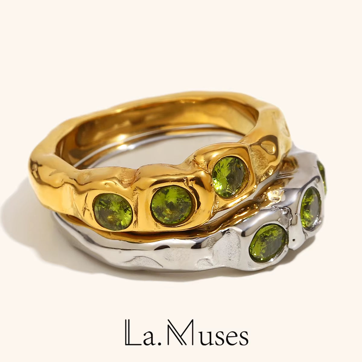 La. Muses Three Green Zircon Stainless Steel Women'S Ring PVD Gold Plated Trendy Daily Jewelry Accessories Gift