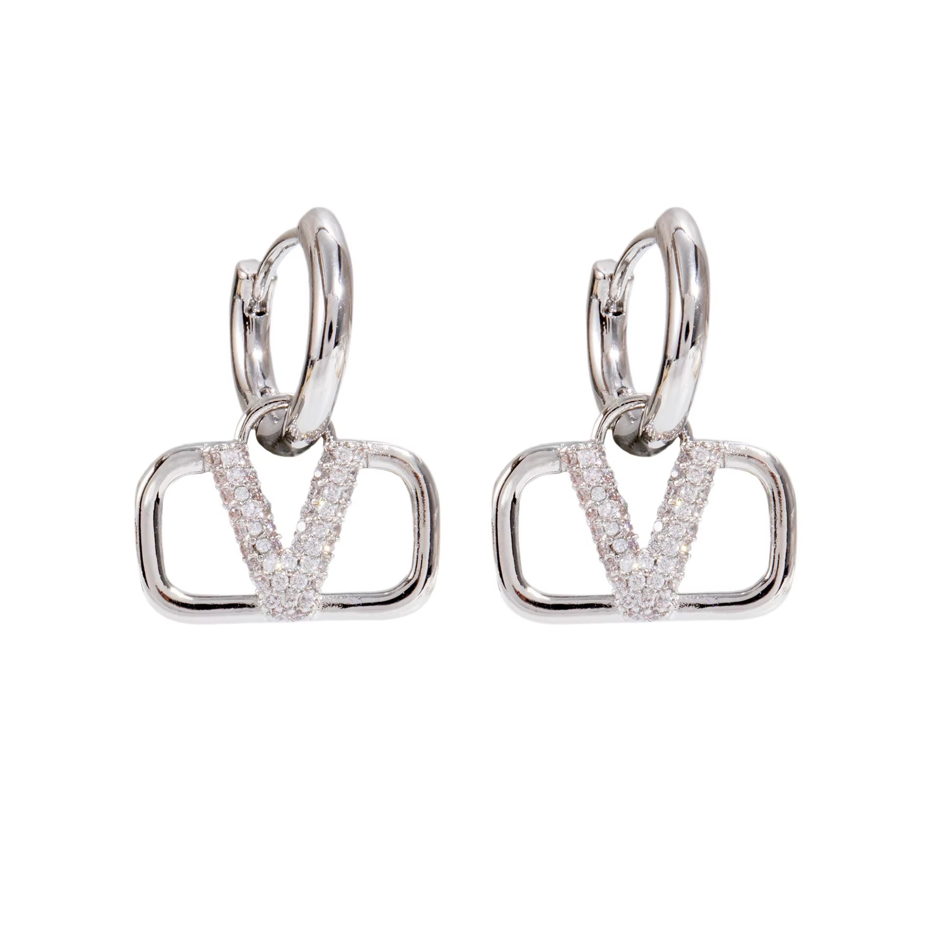 Square Letter V Full Drill Earring Women'S Fashionable Luxury Versatile High-End Feeling Ear Jewelry Elegant Personality