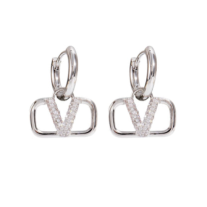 Square Letter V Full Drill Earring Women'S Fashionable Luxury Versatile High-End Feeling Ear Jewelry Elegant Personality