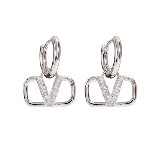 Square Letter V Full Drill Earring Women'S Fashionable Luxury Versatile High-End Feeling Ear Jewelry Elegant Personality