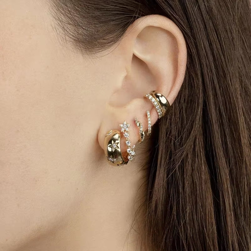 Gold Color Big Hoop Earrings for Women Fine Zircon Star round Circle Piercing Earrings Fashion Party Jewelry Accessories