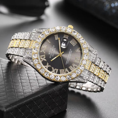Hot Sale Diamond Bling Watch Men Gold Color Luxury Gift Quartz Watches Male Clock Dropshipping Rhinestone Calendar Wristwatch