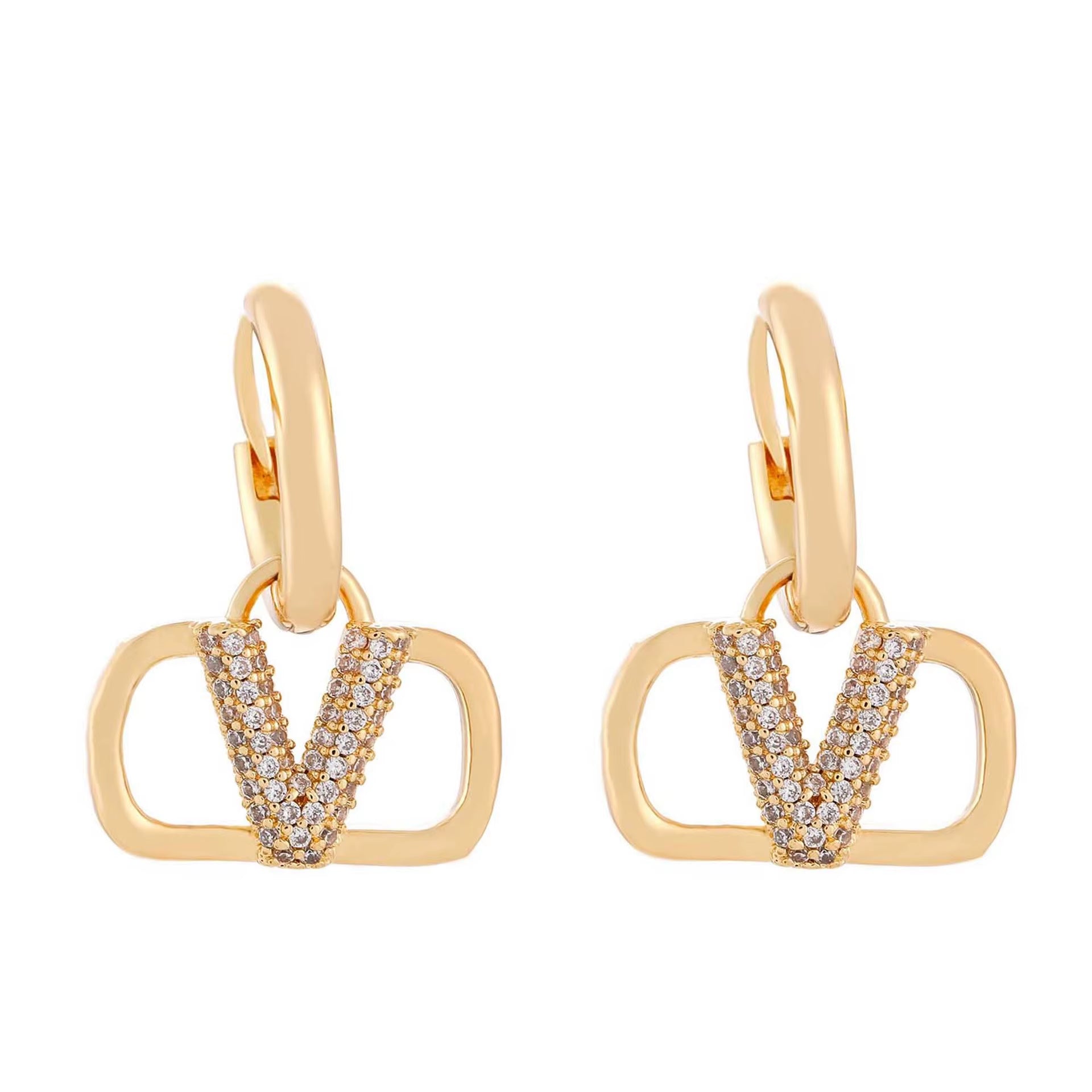 Square Letter V Full Drill Earring Women'S Fashionable Luxury Versatile High-End Feeling Ear Jewelry Elegant Personality