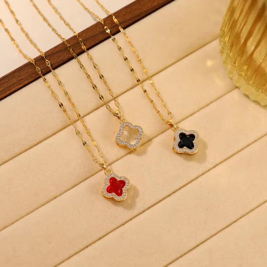 Fashionable Titanium Steel Necklace for Women with Embedded Diamonds Four Leaf Clover Cold Style Choker Pendant Accessories