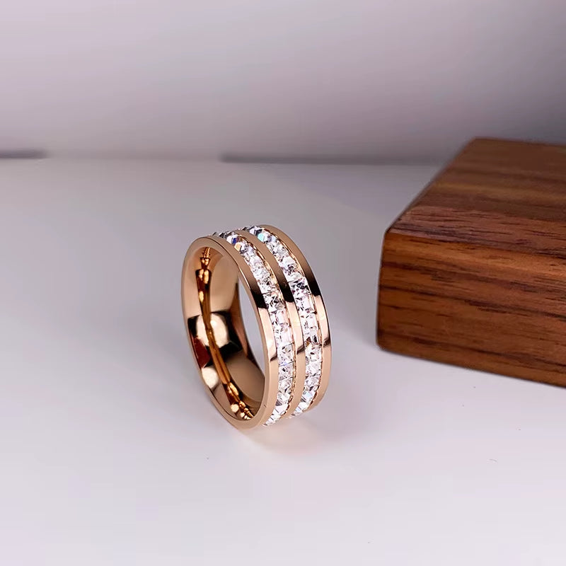 Luxury Rose Gold Color Double Row Square Zircon Stainless Steel Ring for Women Romantic Engageme Wedding Party Jewelry Female
