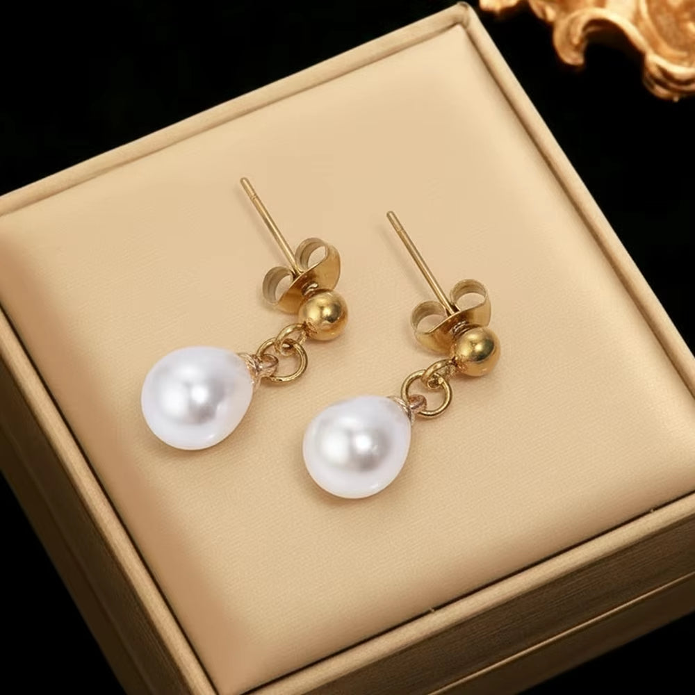 Stainless Steel Imitation Pearl Pendant Earrings Ladies' French Vintage Elegance Fashionable Niche Versatile High-End Earrings