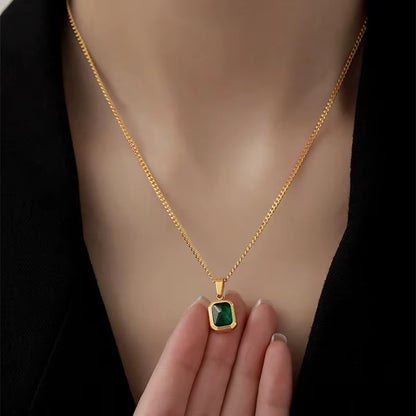 French Retro Green Crystal Pendant Necklace Simple Gold Color Chain Necklace for Women Trendy Accessories Mother Gift Accessorie
