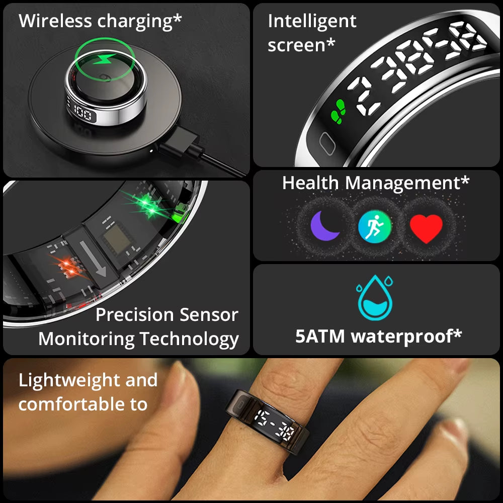 R12 Smart Ring with Display Screen and Touch, Wireless Charging, Health Manager, 5 ATM Waterproof for Men Women
