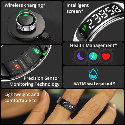 R12 Smart Ring with Display Screen and Touch, Wireless Charging, Health Manager, 5 ATM Waterproof for Men Women