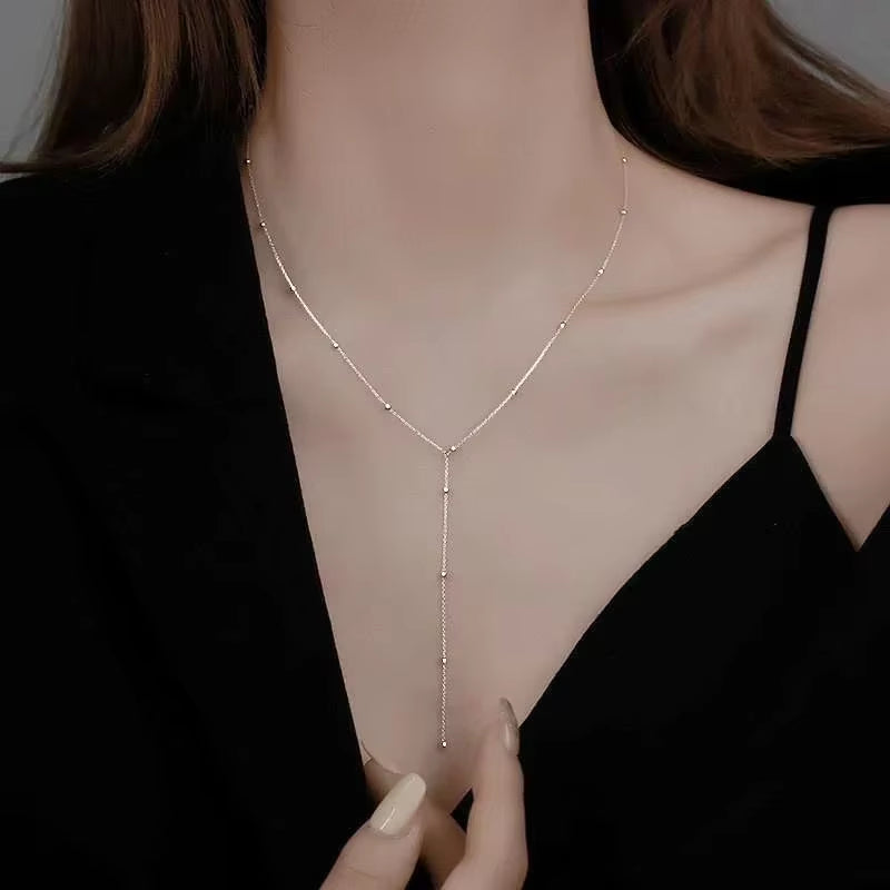 Gold Color Double Layered Long Tassel Chain Necklaces for Women Simple Metal Geometric Bead Choker Necklace Fashion Jewelry