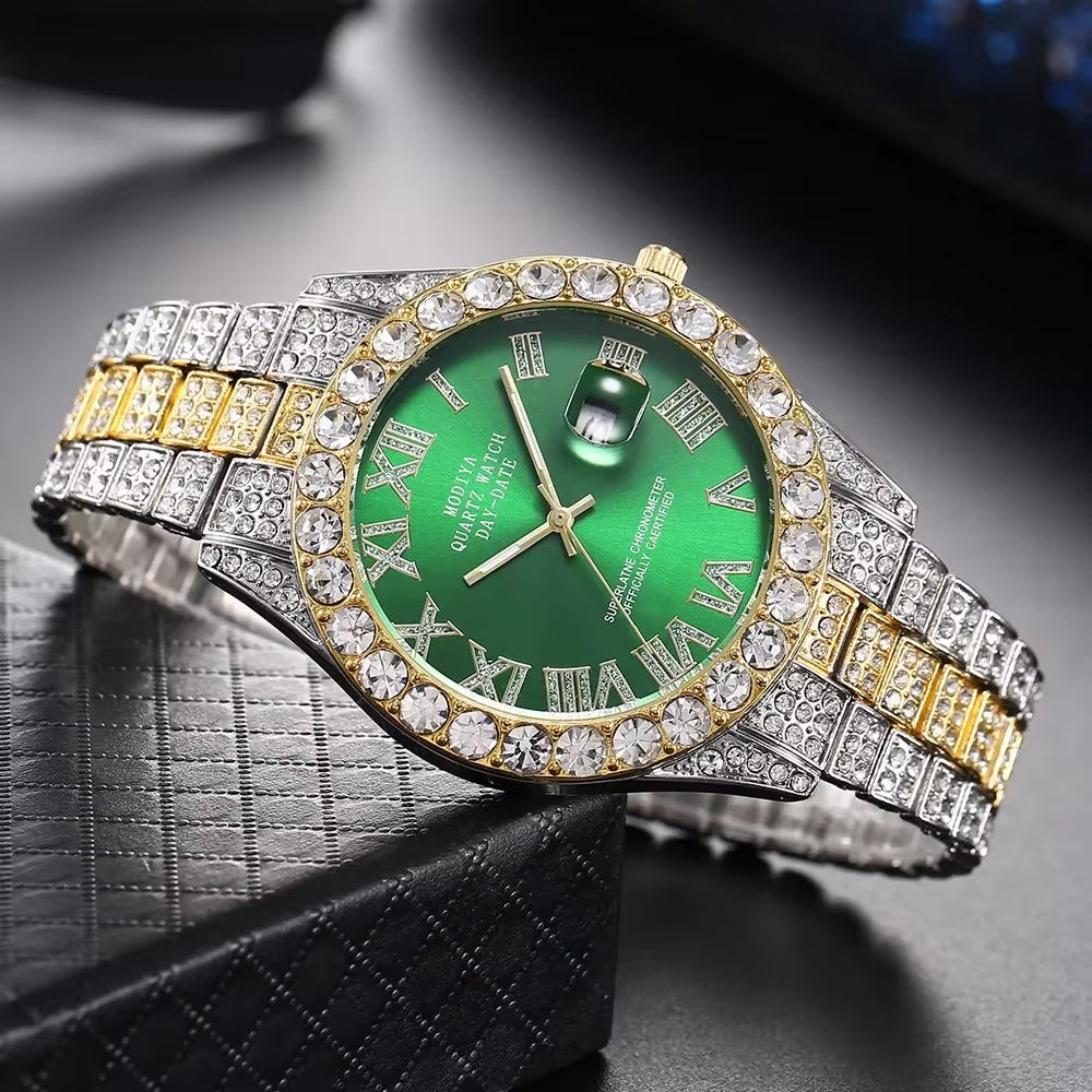 Hot Sale Diamond Bling Watch Men Gold Color Luxury Gift Quartz Watches Male Clock Dropshipping Rhinestone Calendar Wristwatch