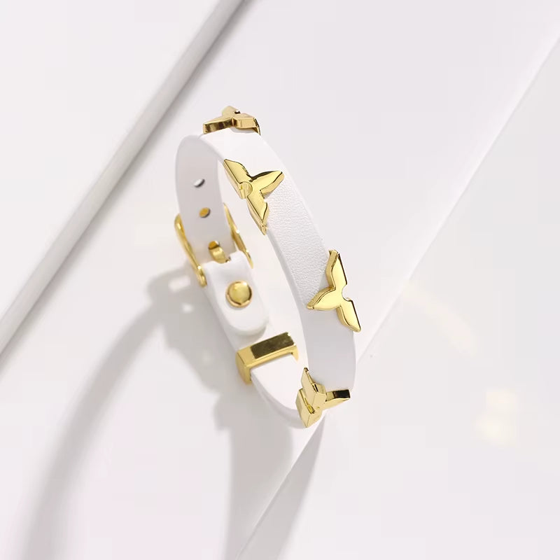 Fashion Leather Bracelet for Women Men with Gold Tone Butterfly Studs, Adjustable Wristband, 6 Colors Available, Trendy Gift