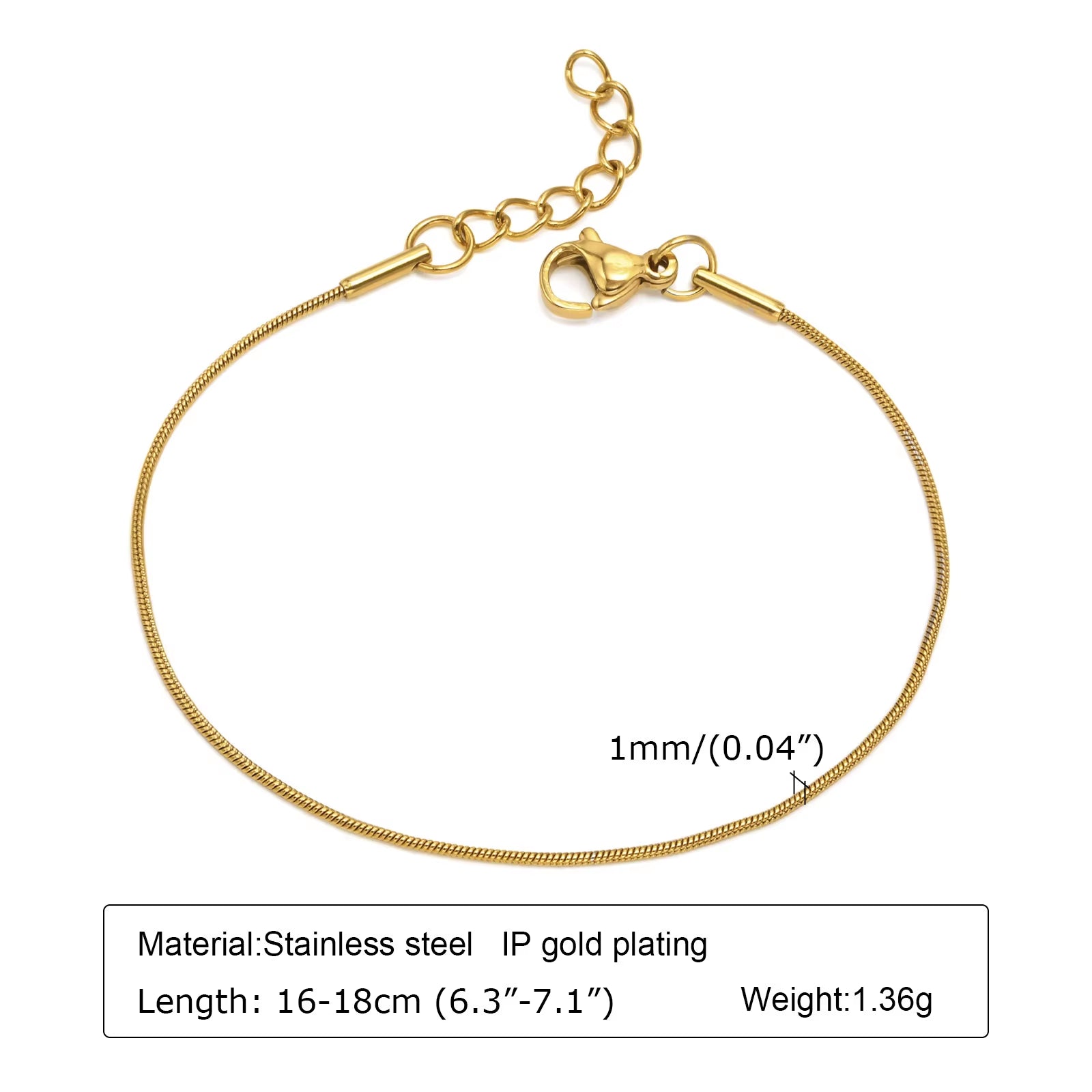 Thin Link Women Bracelet, Stainless Steel 18K Gold Plated Wrist Chain Waterproof Resistant Jewelry