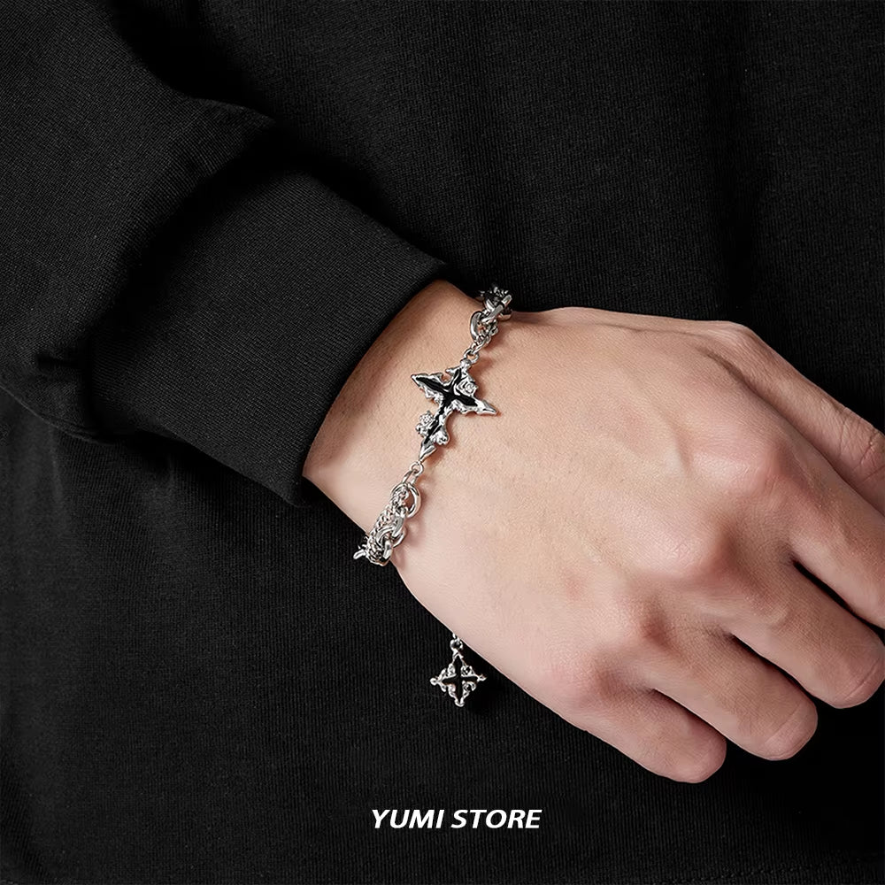 Retro Flame Cross Bracelet for Men Woman Hip Hop Titanium Steel Splice Chain Charm Unisex Jewelry Cool Kpop Luxury Accessories