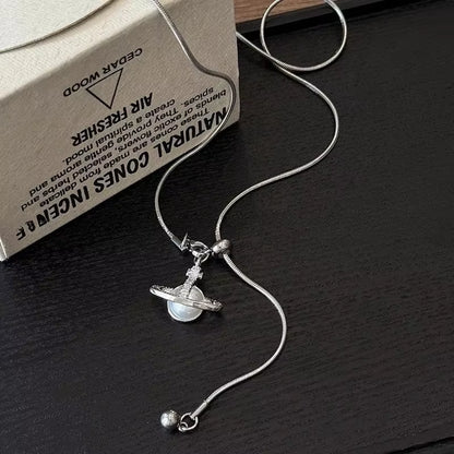 Hot Sale of the Season Pearl Saturn Pendant Necklace Adjustable Titanium Steel Sweater Chain Women'S Fashionable Jewelry Accesso