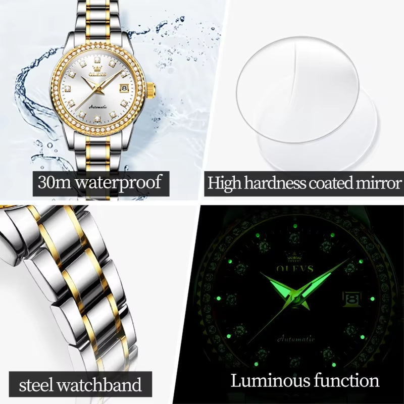 7003 Mechanical Fashion Watch Stainless Steel Watchband Round-Dial Wristwatch Calendar Luminous Woman Watch Automatic