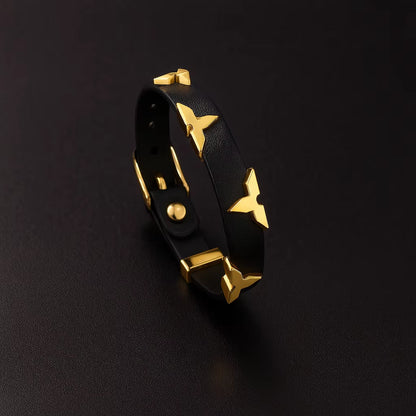 Fashion Leather Bracelet for Women Men with Gold Tone Butterfly Studs, Adjustable Wristband, 6 Colors Available, Trendy Gift
