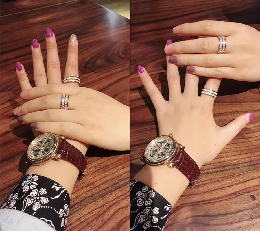 Luxury Rose Gold Color Double Row Square Zircon Stainless Steel Ring for Women Romantic Engageme Wedding Party Jewelry Female