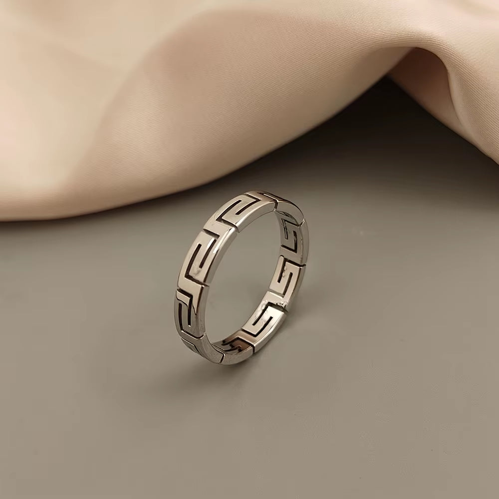 Creative - Greek Key Pattern Stainless Steel Finger Ring, High Quality Waterproof Jewelry, Gift for Friends