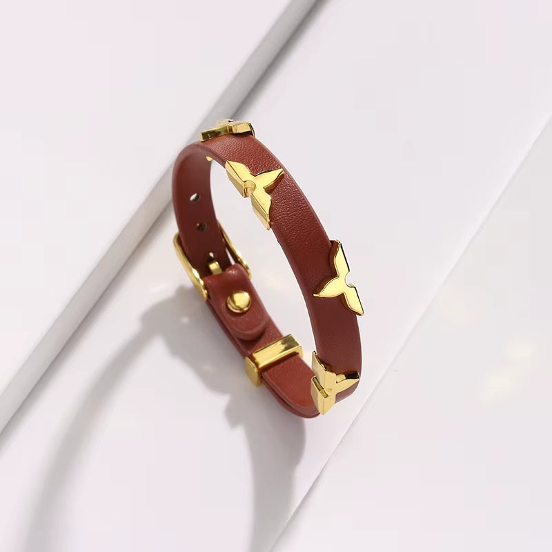 Fashion Leather Bracelet for Women Men with Gold Tone Butterfly Studs, Adjustable Wristband, 6 Colors Available, Trendy Gift