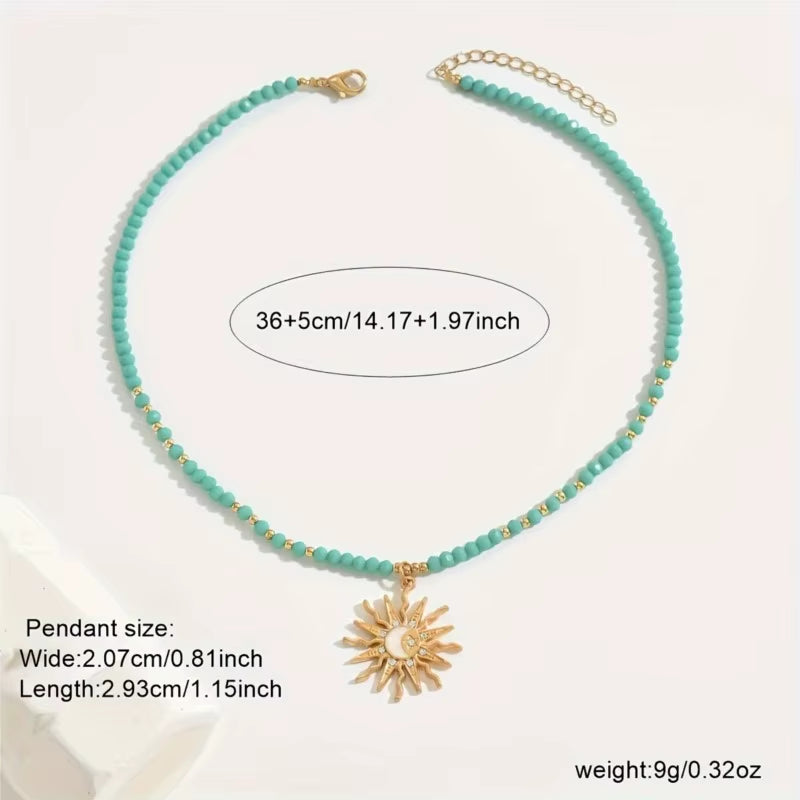 Vintage Golden-Toned Sun Pendant Necklace for Women Elegant Turquoise Beads Chain Choker Neck Statement Party Jewelry Gifts