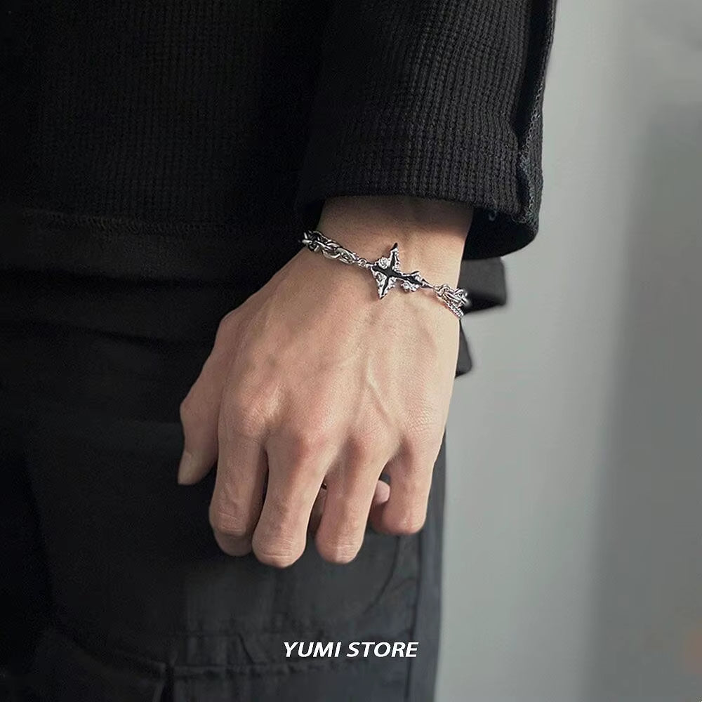 Retro Flame Cross Bracelet for Men Woman Hip Hop Titanium Steel Splice Chain Charm Unisex Jewelry Cool Kpop Luxury Accessories